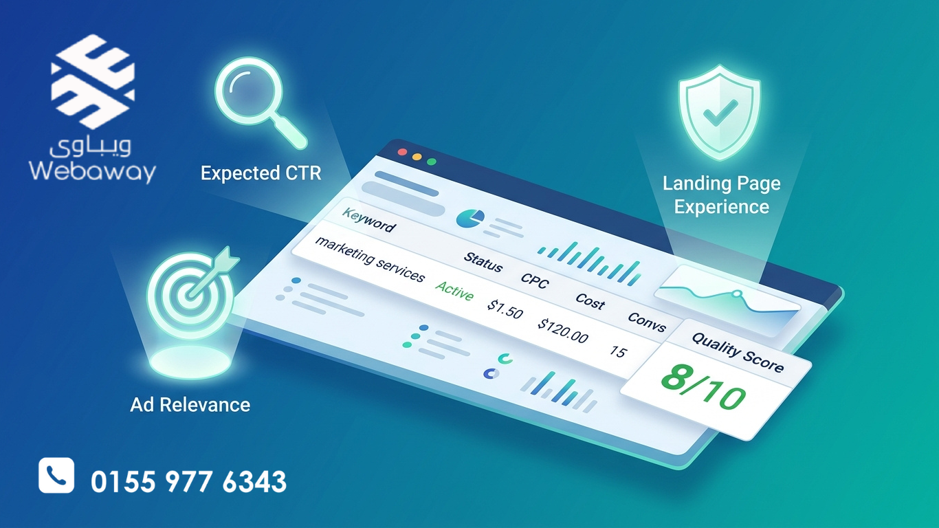 رسم توضيحي لعوامل Quality Score الثلاثة مع لوحة تحكم Google Ads، بألوان زرقاء وتركوازية.