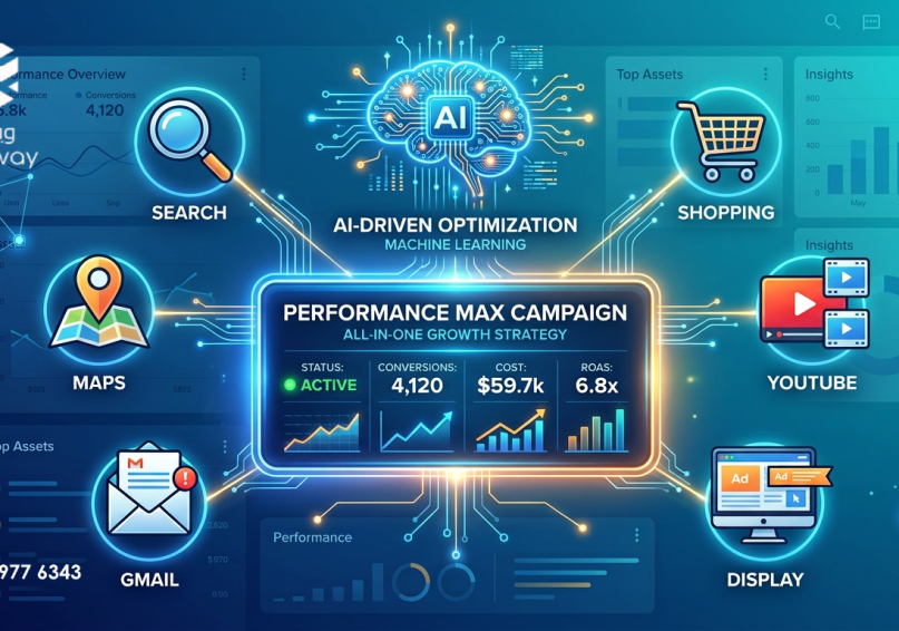 رسم توضيحي لحملة Performance Max متصلة بجميع شبكات جوجل مع أيقونة الذكاء الاصطناعي، بألوان زرقاء وتركوازية.