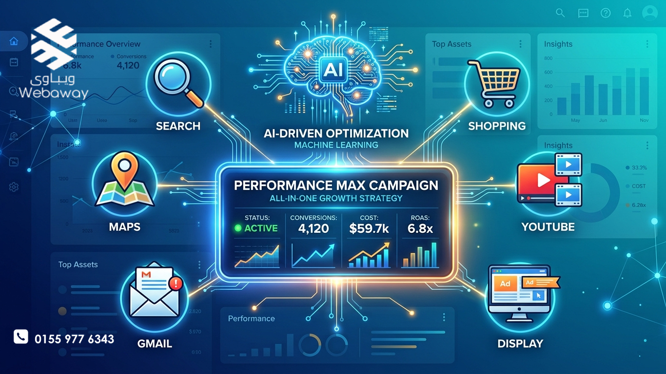 رسم توضيحي لحملة Performance Max متصلة بجميع شبكات جوجل مع أيقونة الذكاء الاصطناعي، بألوان زرقاء وتركوازية.