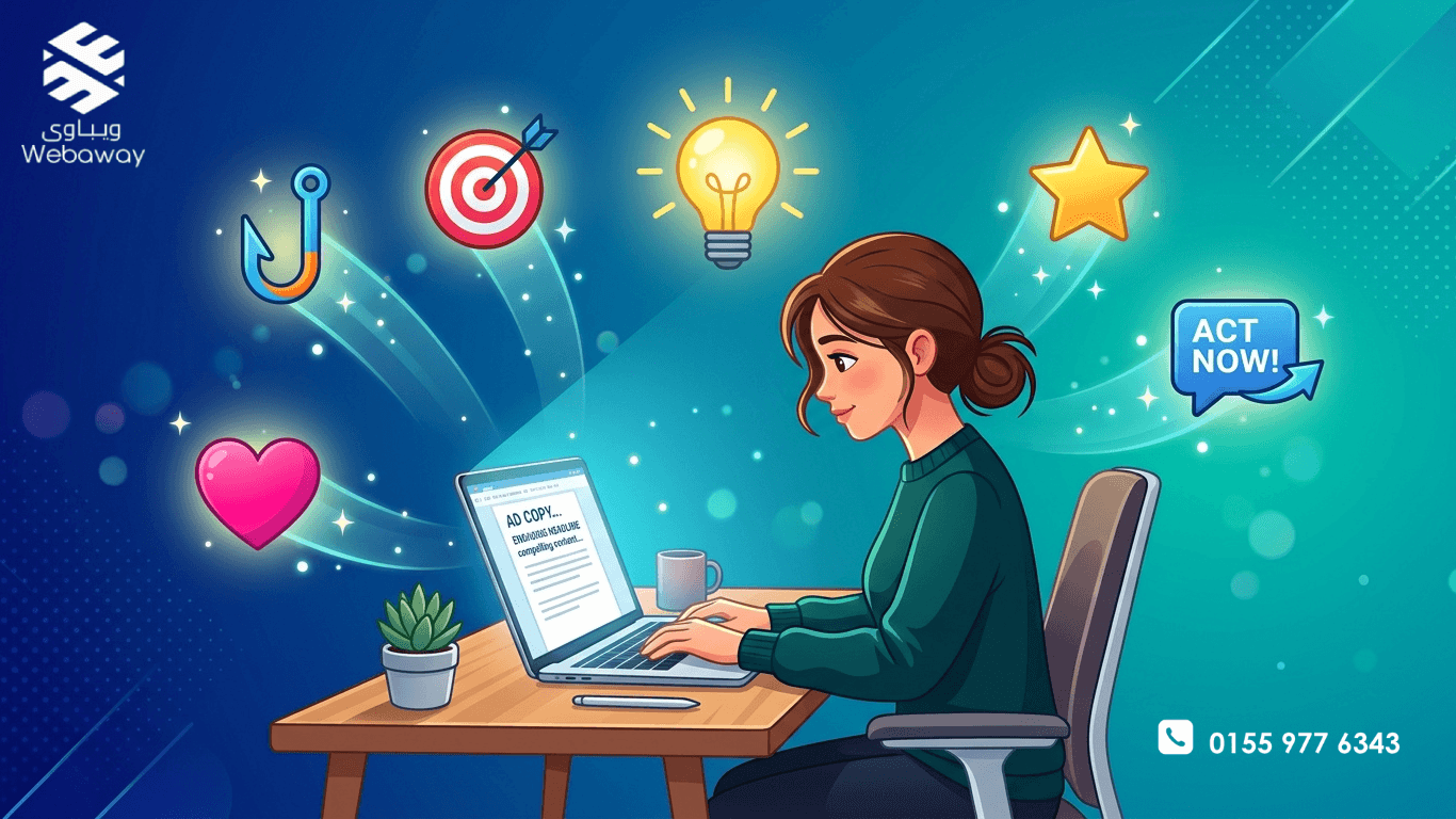 رسم توضيحي لعناصر كتابة إعلان ناجح، مع أيقونات الخطاف والهدف والعاطفة والدعوة، بألوان زرقاء وتركوازية.