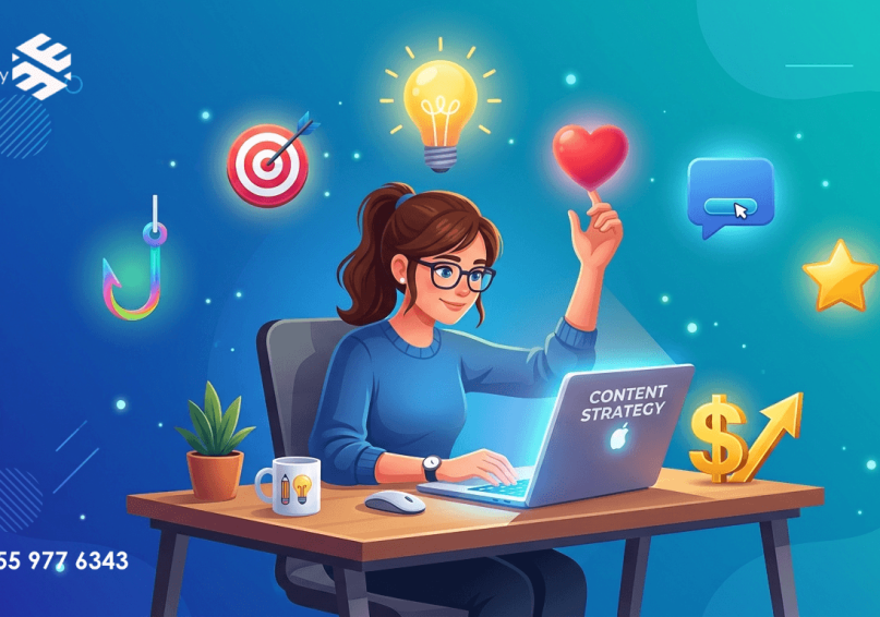 كيف تكتب محتوى يبيع؟ – الدليل الشامل لكتابة محتوى تسويقي يحقق مبيعات رسم توضيحي لعناصر كتابة محتوى يبيع مع أيقونات الخطاف والعاطفة والدعوة، بألوان زرقاء وتركوازية.