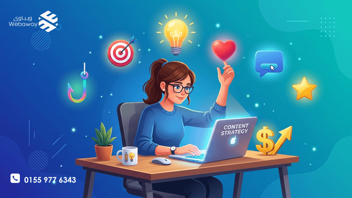 رسم توضيحي لعناصر كتابة محتوى يبيع مع أيقونات الخطاف والعاطفة والدعوة، بألوان زرقاء وتركوازية.