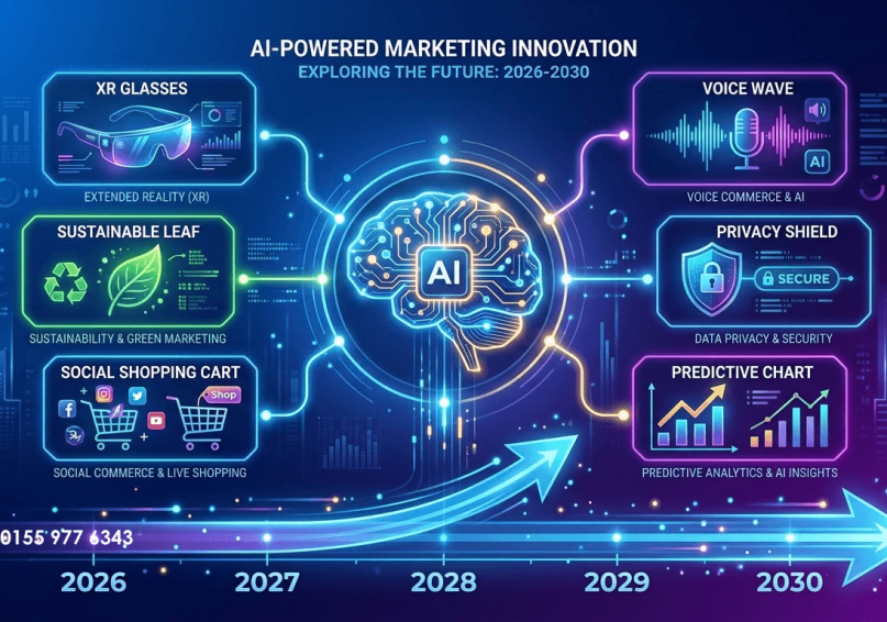 مستقبل التسويق الإلكتروني حتى 2030 – الدليل الشامل لاتجاهات العقد القادم رسم توضيحي لمستقبل التسويق الإلكتروني حتى 2030 مع أيقونات الاتجاهات المستقبلية، بألوان زرقاء وأرجوانية.