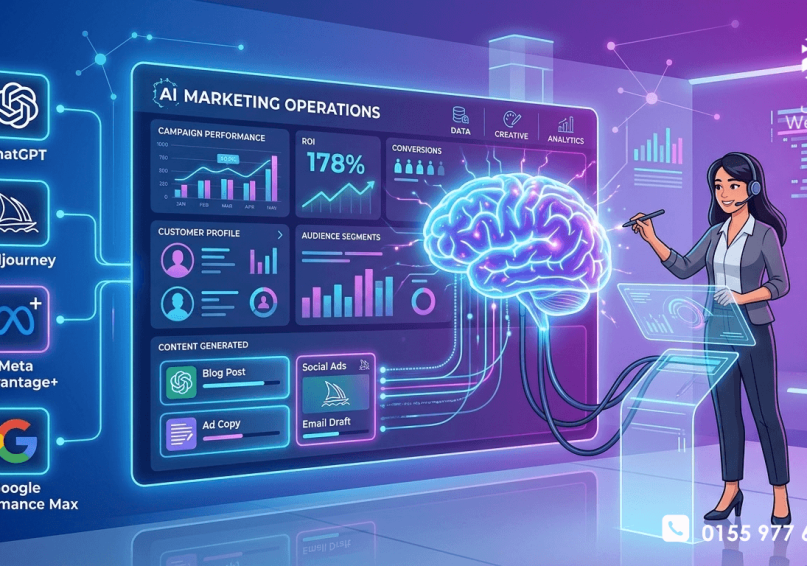 مستقبل التسويق بالذكاء الاصطناعي 2026 – الدليل الشامل لاتجاهات التسويق القادمة رسم توضيحي لمستقبل التسويق بالذكاء الاصطناعي مع أيقونات الأدوات واللمسة البشرية، بألوان زرقاء وأرجوانية.