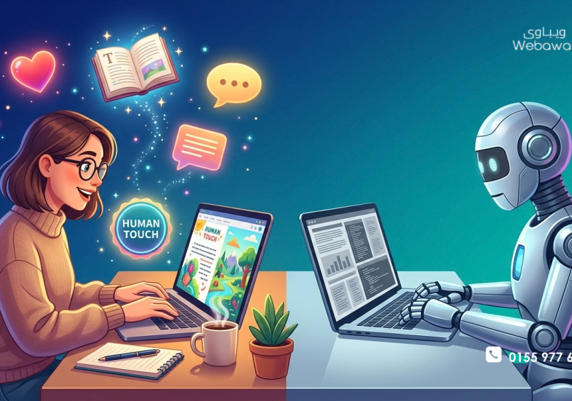 رسم توضيحي لكتابة محتوى لا يستطيع AI استبداله، بألوان زرقاء وتركوازية.