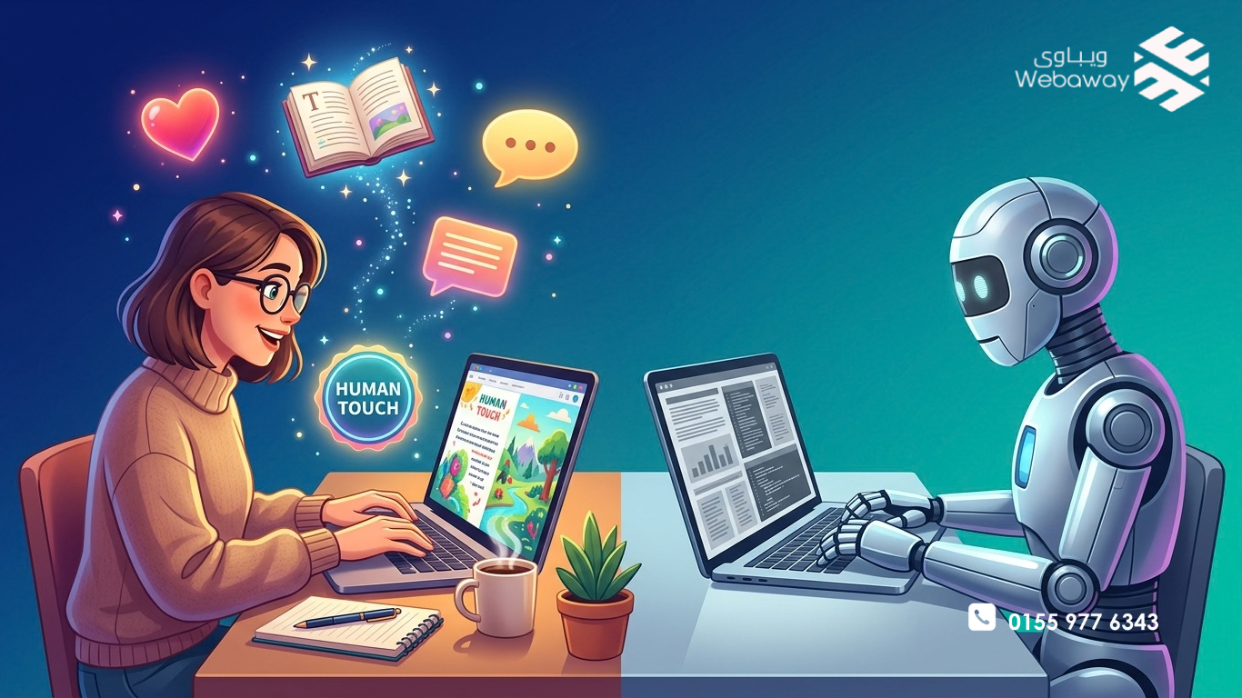 رسم توضيحي لكتابة محتوى لا يستطيع AI استبداله، بألوان زرقاء وتركوازية.
