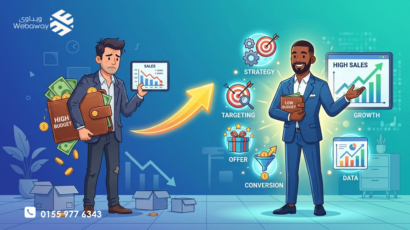 رسم توضيحي لمقارنة بين صاحب مشروع بميزانية عالية ونتائج منخفضة وآخر بميزانية منخفضة ونتائج عالية، بألوان زرقاء وتركوازية.