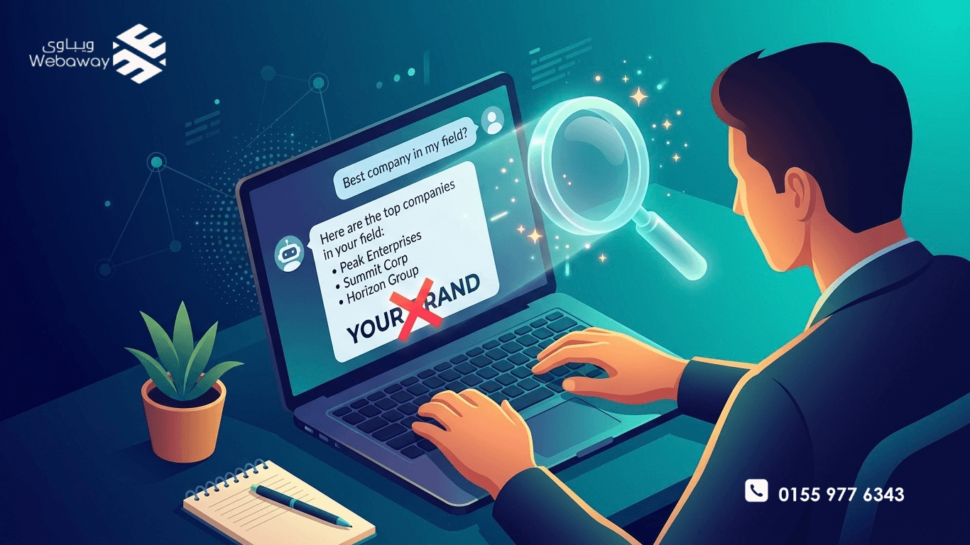 رسم توضيحي لظهور المنافسين في إجابات ChatGPT بينما علامتك التجارية غائبة، بألوان زرقاء وتركوازية.
