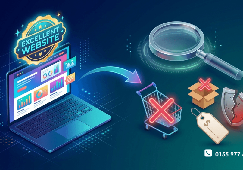 ماذا يحدث عندما يكون لديك موقع جيد ولكن عرضك التسويقي ضعيف؟ رسم توضيحي لموقع جيد مع عرض تسويقي ضعيف، بألوان زرقاء وتركوازية.