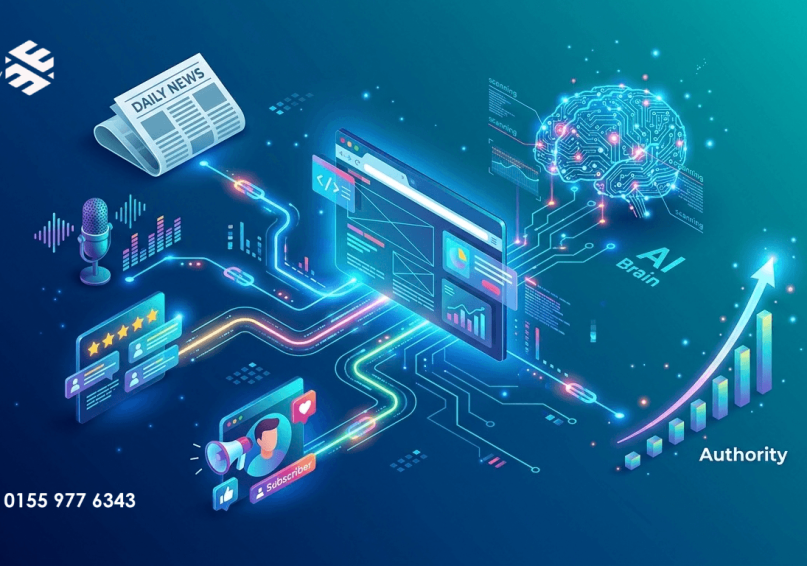 رسم توضيحي لأهمية الروابط الخلفية في عصر AI Search، بألوان زرقاء وتركوازية.