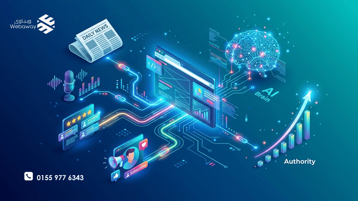 رسم توضيحي لأهمية الروابط الخلفية في عصر AI Search، بألوان زرقاء وتركوازية.