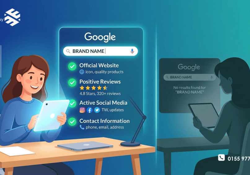 هل علامتك التجارية تظهر عندما يبحث العميل عنك؟ رسم توضيحي لظهور العلامة التجارية عندما يبحث عنها العميل، بألوان زرقاء وتركوازية.